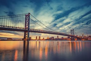 Ben Franklin Bridge in Philadelphia at sunset.