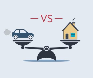 car vs house icon on scale. vector symbol in flat style